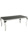 Modern baroque dining table in steel silver, top black glass 180cm