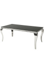 Modern baroque dining table in steel silver, top black glass 180cm
