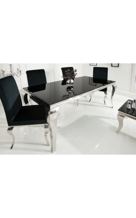 Modern baroque dining table in steel silver, top black glass 180cm