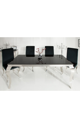 Masa de sufragerie baroc moderna din otel argintiu, blat sticla neagra 180cm
