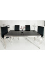 Modern baroque dining table in steel silver, top black glass 180cm