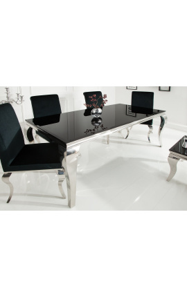 Modernt barockmatbord i stålsilver, topp svart glas 200cm