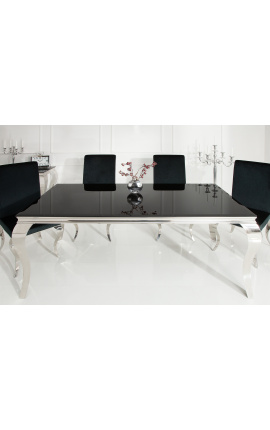Modern baroque dining table in steel silver, top black glass 200cm