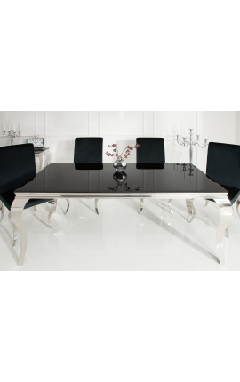 Table de repas baroque moderne en acier argenté, plateau en verre noir 200cm