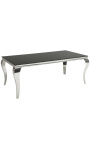 Modern baroque dining table in steel silver, top black glass 200cm