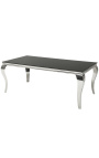 Modern baroque dining table in steel silver, top black glass 200cm