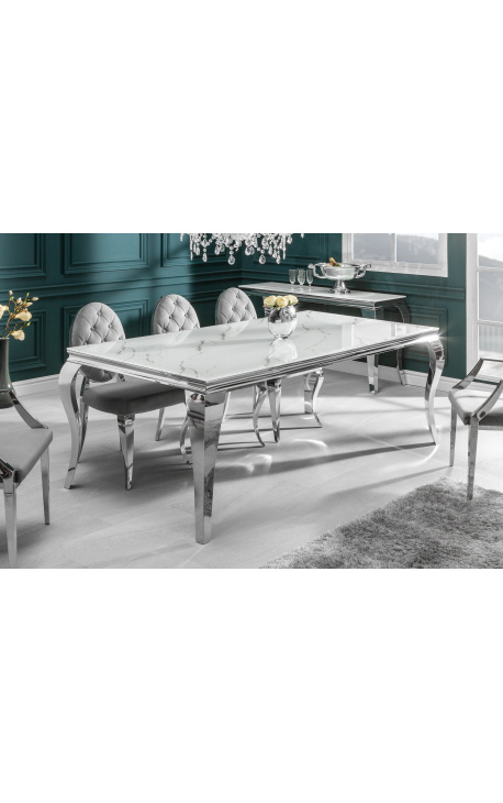 Mesa de jantar barroca moderna, aço cromado, vidro imitação de mármore branco 180cm