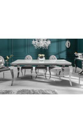 Table de repas baroque moderne, acier chromé, verre imitation marbre blanc 200cm