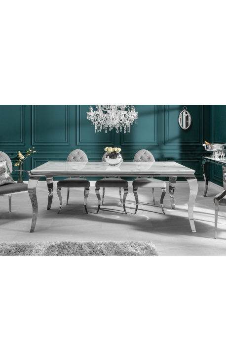 Modern baroque dining table, chromed steel, white marble imitation glass 200cm