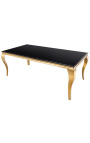 Modern baroque dining table in gilded steel, top black glass 180cm