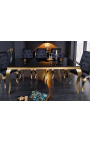 Table de repas baroque moderne en acier doré, plateau en verre noir 180cm