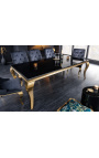 Modern baroque dining table in gilded steel, top black glass 180cm