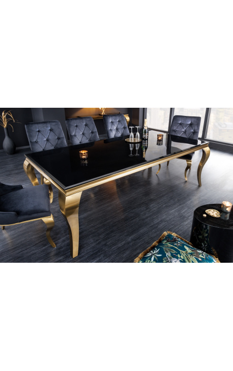 Mesa de jantar barroca moderna em aço dourado, tampo em vidro preto 180cm