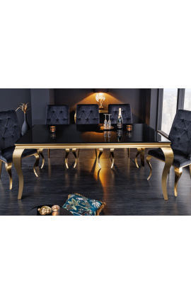Table de repas baroque moderne en acier doré, plateau en verre noir 200cm