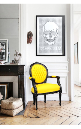 Barokna fotelja, medaljon u stilu Luja XVI. od umjetne žute kože i crno lakiranog drva 