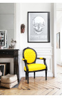 Barocker Sessel mit Medaillon im Louis XVI-Stil aus falscher gelber Lederhaut und schwarz lackiertem Holz 
