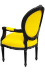 Baroque armchair Louis XVI style medallion in false yellow leather skin and black lacquered wood 