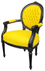 Baroque armchair Louis XVI style medallion in false yellow leather skin and black lacquered wood 
