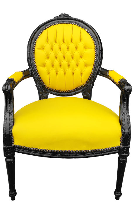 Barocker Sessel mit Medaillon im Louis XVI-Stil aus falscher gelber Lederhaut und schwarz lackiertem Holz 