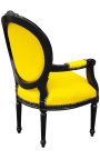 Fotel w stylu barokowym medalion w stylu Ludwika XVI, sztuczna żółta skóra i drewno lakierowane na czarno 