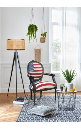 Baroque armchair Louis XVI style medallion American Flag and white fabric and black lacquered wood 