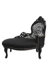 Méridienne baroque tissu velours noir et dossier zèbre et bois noir
