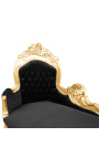 Grande chaise longue barocca in tessuto di velluto nero e legno dorato