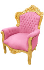 Butaca gran d'estil barroc en teixit de vellut rosa i fusta daurada