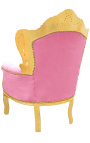 Grande poltrona in stile barocco in tessuto di velluto rosa e legno dorato