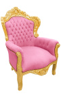 Grande poltrona in stile barocco in tessuto di velluto rosa e legno dorato