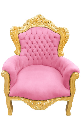Gran sillón barroco con tela de terciopelo rosa y madera dorada