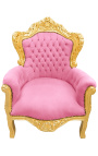 Grand fauteuil de style Baroque tissu velours rose et bois doré