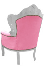 Grand fauteuil de style baroque velours rose et bois argent