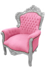 Duży fotel w stylu barokowym różowy aksamit i drewno srebrne