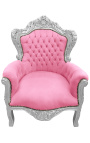 Big baroque style armchair pink velvet and wood silver