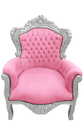 Didelis baroko stiliaus fotelis rožinis aksomas ir medžio sidabras