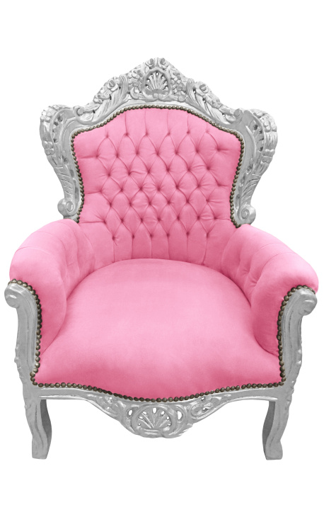 Grote fauteuil in barokstijl roze fluweel en hout zilver