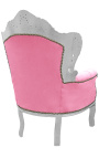 Gran sillón de estilo barroco terciopelo rosa y plata de madera