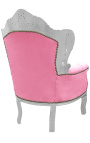 Stor barok lænestol pink fløjl og træ sølv