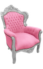 Duży fotel w stylu barokowym różowy aksamit i drewno srebrne