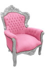 Gran sillón de estilo barroco terciopelo rosa y plata de madera