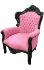 Grand fauteuil de style baroque velours rose et bois laqué noir