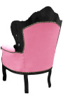 Grand fauteuil de style baroque velours rose et bois laqué noir