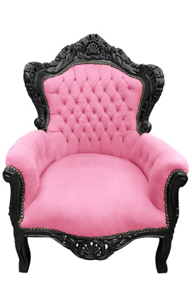 Poltrona grande estilo barroco veludo rosa e madeira lacada preta