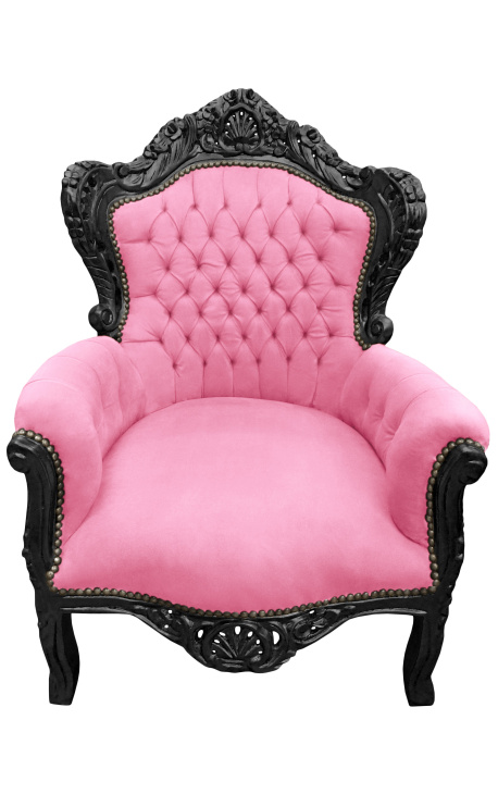 Голямо кресло в стил барок розово кадифе и черно лакирано дърво
