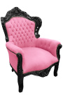 Didelis baroko stiliaus fotelis rožinio aksomo ir juodai lakuoto medžio