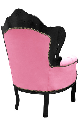 Grand fauteuil de style baroque velours rose et bois laqué noir