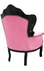 Duży fotel w stylu barokowym z różowego aksamitu i czarnego lakierowanego drewna