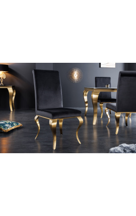 Conjunto de 2 cadeiras barrocas modernas, costas direitas, aço preto e dourado