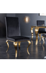 Set of 2 modern baroque chairs, straight back, black and golden steel
